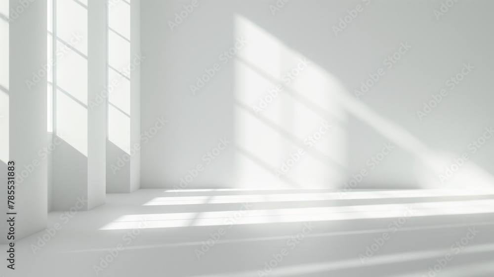 Fototapeta premium Minimal backdrop with sunlit empty room with soft white walls and floor, featuring long shadows from window frames. Copy space. Natural shadows and light. Background for product promotions