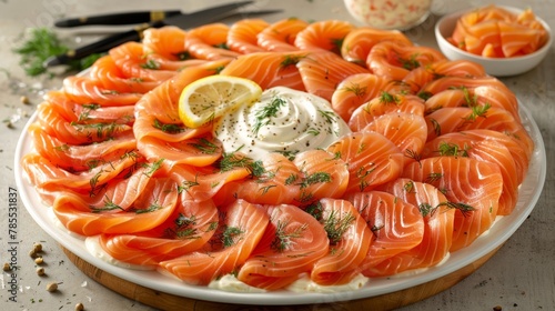   A platter of smoked salmon with a dollop of mayo and a lemon wedge on the side photo