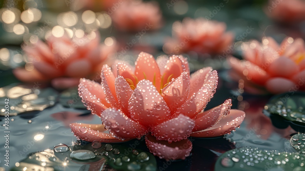 A collection of water lilies afloat on a serene pond, adorned with droplets on their petals and leaves A collection of water lilies afloat on a serene pond, adorned with droplets on their petals and leaves
