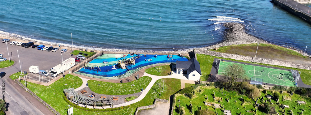 Aerial view of the play area and basketball court in Glenarm Village in County Antrim Northern Ireland
