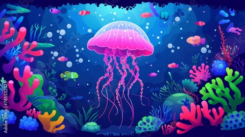 The funny jellyfish is swimming in water surrounded by colorful corals, green seaweeds, and exotic fish. The illustration depicts underwater life on the ocean floor, aquarium inhabitants, marine