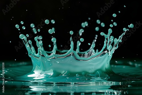 A green liquid splashing into the water on a black background with a black background and a white