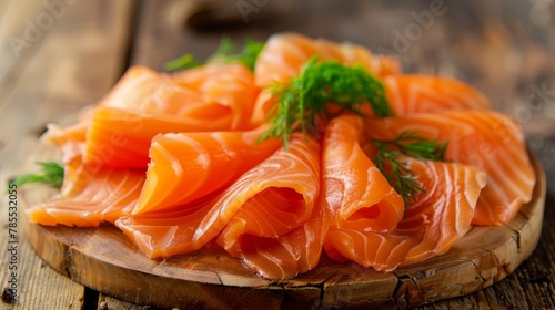  A wooden table holds a cutting board with a stack of salmon and a parsley sprig atop it