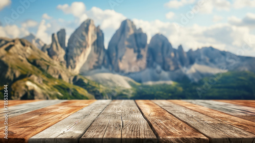 Empty wooden table with a panoramic view of the dolomite mountains in the background. Copy space. Generative AI