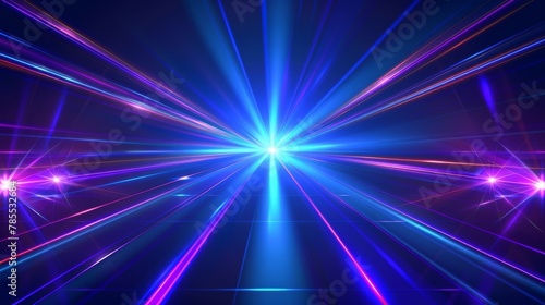 An abstract illuminated starburst illustration with a 3D blue light laser effect on disco show. Magic beam neon glow celebration.