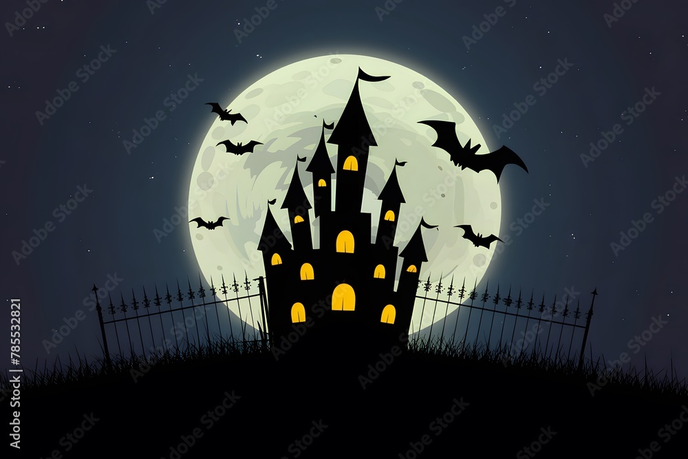 Eerie Halloween castle silhouetted against a backdrop of the full moons ethereal glow