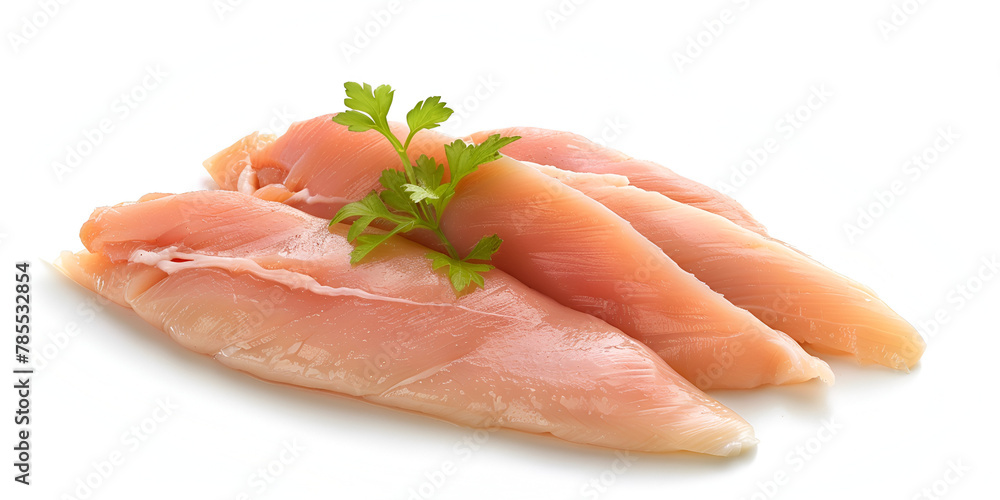 fresh raw white chicken breasts on white background Chicken breast meat and herbs