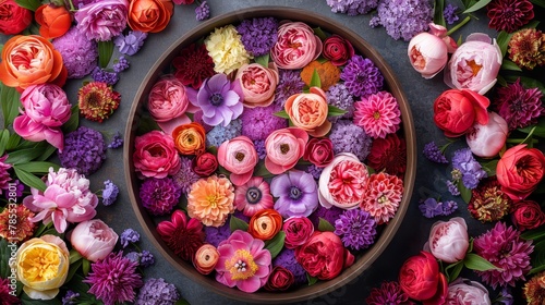   A bowl brimming with an array of multi-colored blooms atop a gray counter, adorned with a profusion of pink, orange, and purple blossoms photo
