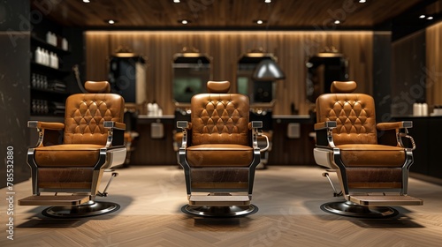 Elegant leather barber seats await in a stylish salon photo