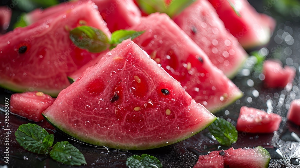 A black surface bears a collection of watermelon slice segments topped with mint leaves Droplets of water gracefully decorate the dark background A black surface bears a collection of watermelon slice segments topped with mint leaves Droplets of water gracefully decorate the dark background