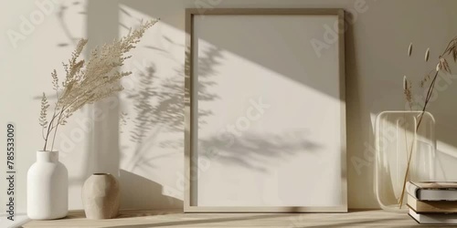 Video mockup of black canvas or picture frame for small poster in shelf in white minimalistic interior. With warm sunny light