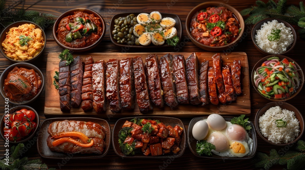 A selection of meats and vegetables is arranged on a wooden platter A selection of meats and vegetables is arranged on a wooden platter