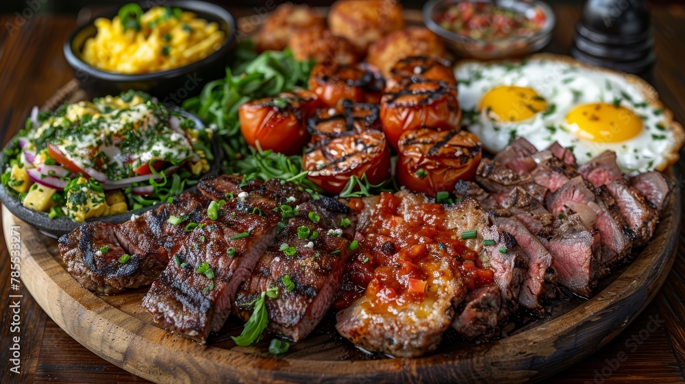   A wooden table holds a plate laden with steak, eggs, tomatoes, and additional dishes