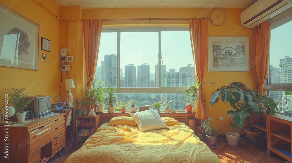   A bedroom featuring a neatly made bed and a city view through its window
