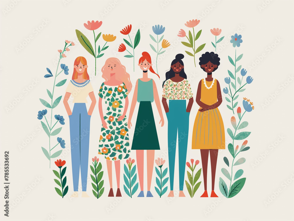 Fototapeta premium Flat illustration of women standing together, celebrating diversity and unity in different culture. 
