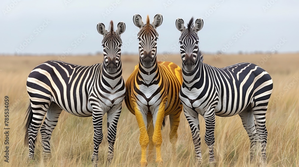 Fototapeta premium Three zebras stand near each other in a field of tall grass A blue sky stretches behind them