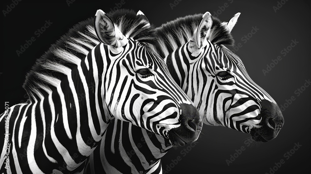 Fototapeta premium A pair of zebras standing next to one another against a black-and-white backdrop