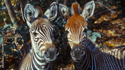  Two zebras stand side by side, before a forest teeming with verdant green and golden leaves