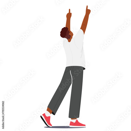 Black Man Gazes Upward, Both Hands Raised, He Points Skyward, His Fingers Directing Attention To The Unseen Above