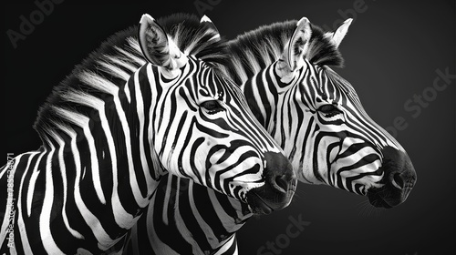  A pair of zebras standing next to one another against a black-and-white backdrop