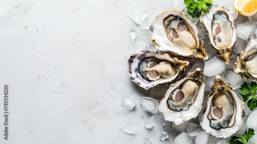  A collection of oysters atop an ice bed, garnished with lemon wedges and parsley