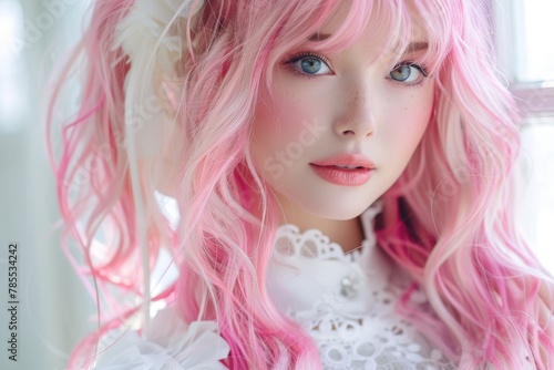Close up of a doll with pink hair