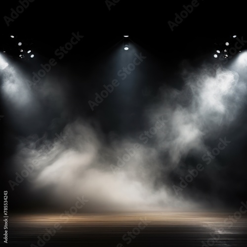 White stage background, white spotlight light effects, dark atmosphere, smoke and mist