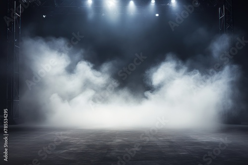 White stage background  white spotlight light effects  dark atmosphere  smoke and mist  simple stage background  stage lighting