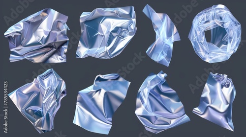 A set of crumpled pieces of polyethylene wrap isolated on a transparent background. Modern illustration of a glossy polyethylene bag, stretch film texture with an uneven surface, overlay effect. photo