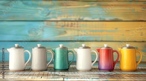   A row of colorful coffee mugs atop a wooden table, framed by a blue wooden wall behind