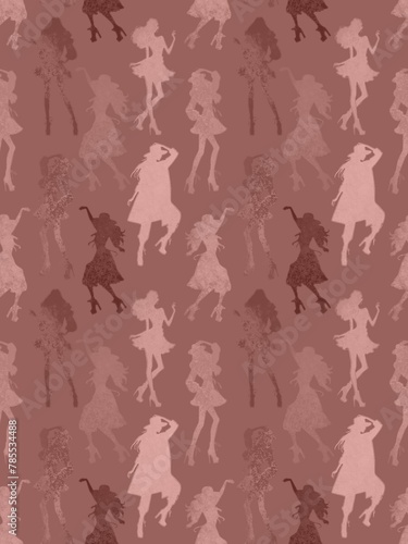 Seamless pattern, dancing colorful girls, silhouettes of girls in fashionable clothes. Suitable for interior, wallpaper, fabrics, clothing, stationery.