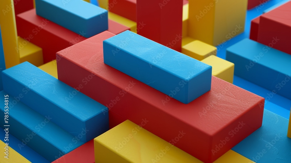 Obraz premium A collection of vibrant blocks atop a stack of blue, yellow, red, and orange blocks