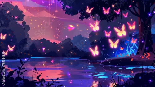 Modern cartoon illustration of magical butterflies flying above a fairytale lake in a night forest. Fireflies and light flares dazzle in the air while neon blue trees glow in the dark, in a night photo