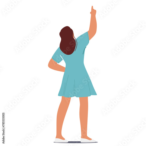 Woman Gazes Upward, Finger Outstretched Towards The Sky, Rear View. Female Character Pointing With Determination