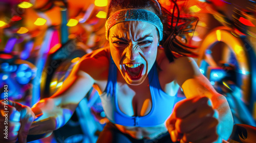 Intense Female Cyclist Pushing Limits in Indoor Cycling Class photo