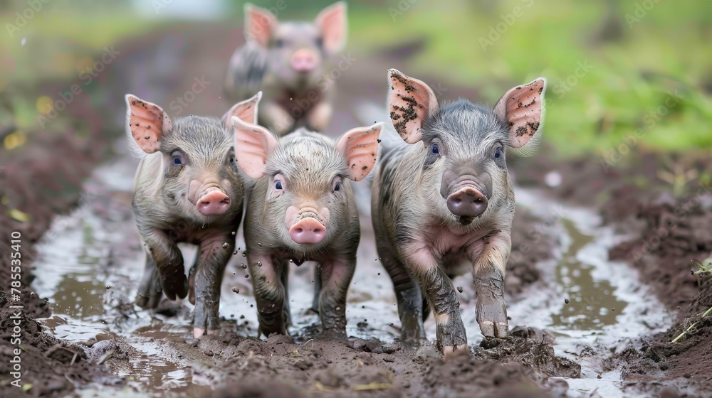 Vibrant and playful piglets joyfully frolicking in a muddy puddle with lively energy Vibrant and playful piglets joyfully frolicking in a muddy puddle with lively energy