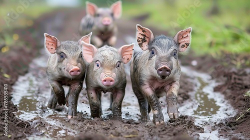 Vibrant and playful piglets joyfully frolicking in a muddy puddle with lively energy