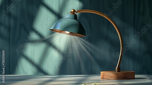   A desk lamp on a wooden table in a room Blue wall background Window admits incoming light photo