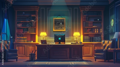 CEO or director work space at night with light from lamp. Dark boss room with computer on desk, chair and documents in cabinet with shelves, armchairs and clock. photo