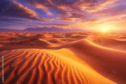Majestic Sunrise Over Desert Sands, Golden Glow Landscape Scene © shiyi