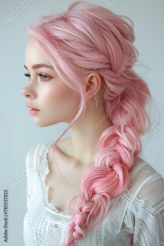 Woman with pink hair wearing a long braid