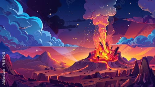 A volcanic eruption is depicted on a rocky night landscape with clouds of steam rising from a mountain crater with cracked desert background, prehistoric nature, and alien planets in the background. photo