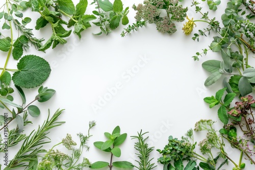 Fresh Herbaceous Plants Border on White Background