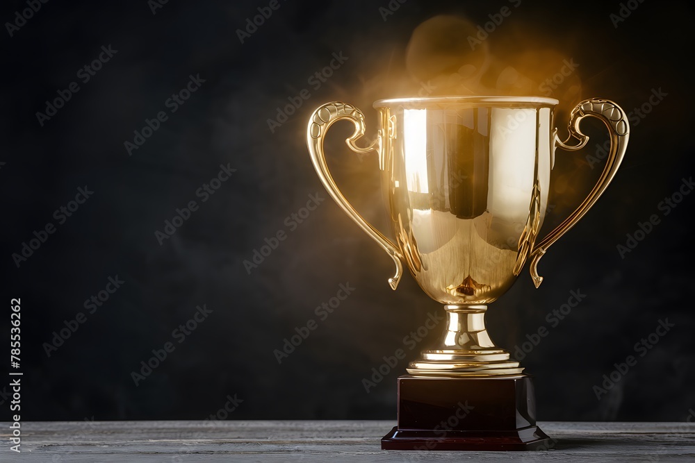 Golden glowing trophy cup on dark background, symbolizing success and achievement Golden glowing trophy cup on dark background, symbolizing success and achievement