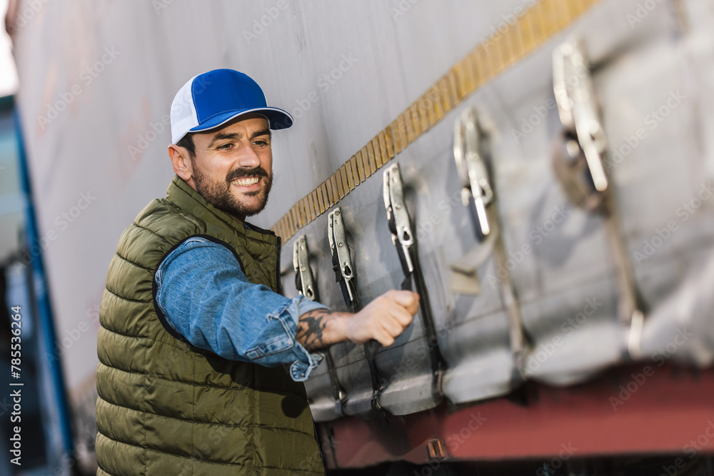 Young handsome truck driver secures the truck. Young handsome truck driver secures the truck.