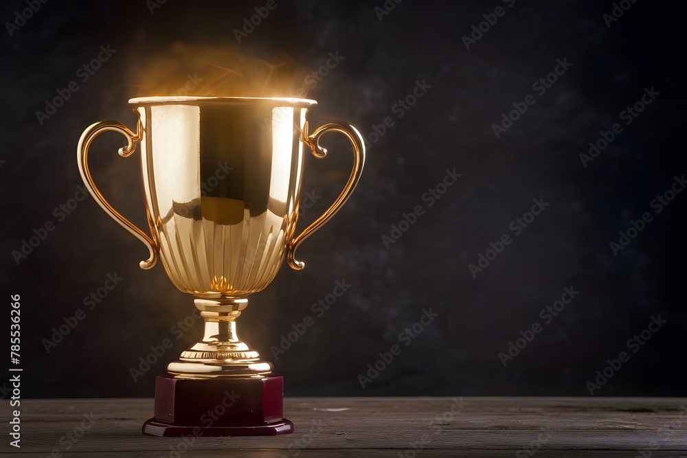 Golden glowing trophy cup on dark background, symbolizing success and achievement Golden glowing trophy cup on dark background, symbolizing success and achievement