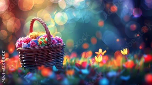  A wicker basket brimming with vibrant crochet balls lies amidst a flower field In the backdrop, a book of lanterns glows
