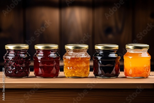 Assortment of jams in glass jars on wooden background.