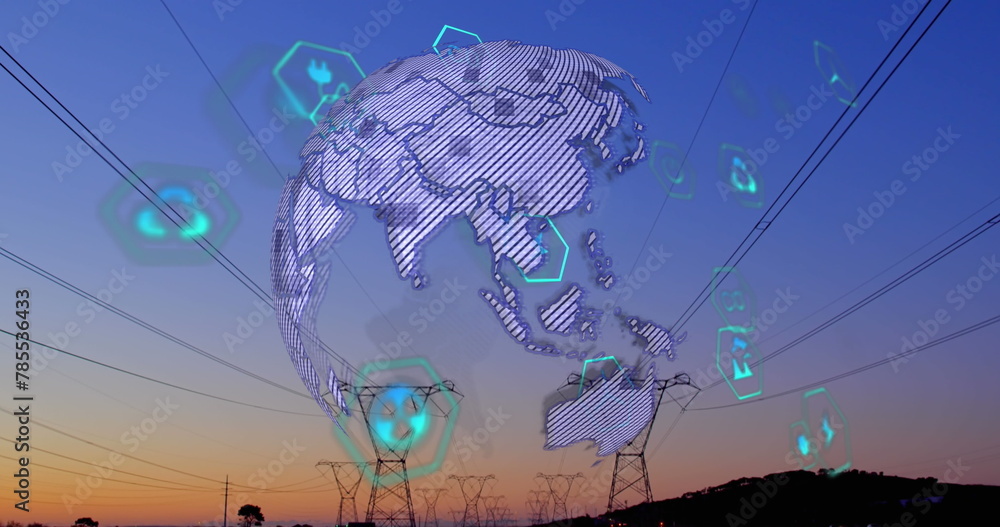 Fototapeta premium Image of multiple digital icons over spinning globe against network towers and sunset sky