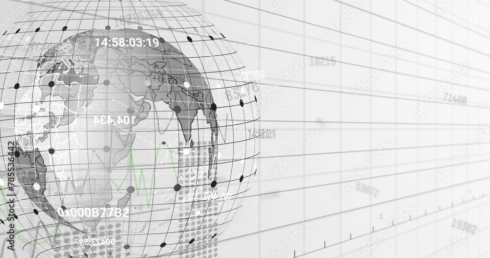 Image of changing numbers and spinning globe over grid network against white background